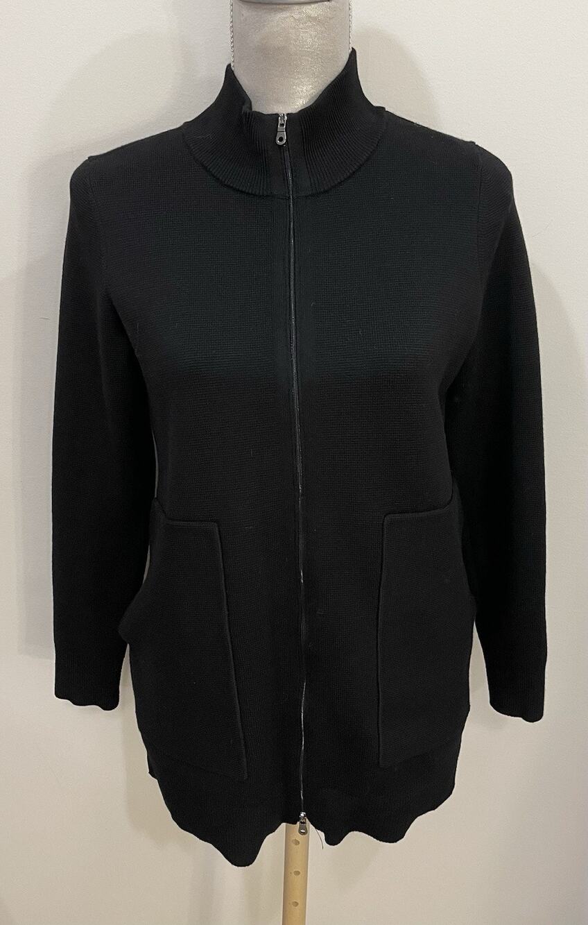 TALBOTS Petite Medium Fine-Knit Black Cardigan Two-way Zip Sweater With Pockets